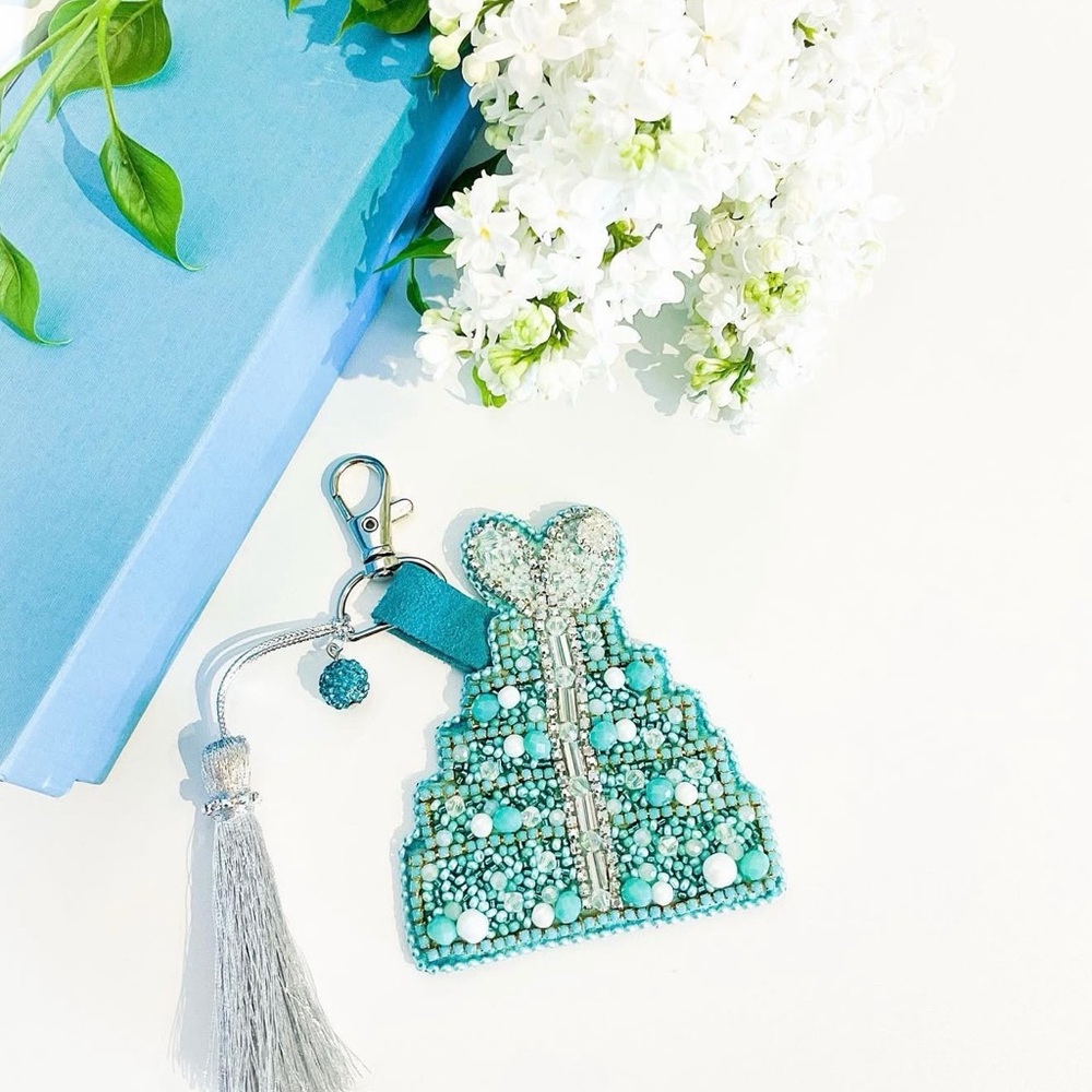 HANDMADE Beaded Tassel Keychain Bag Charm - Tiffany Giftboxes Stacked